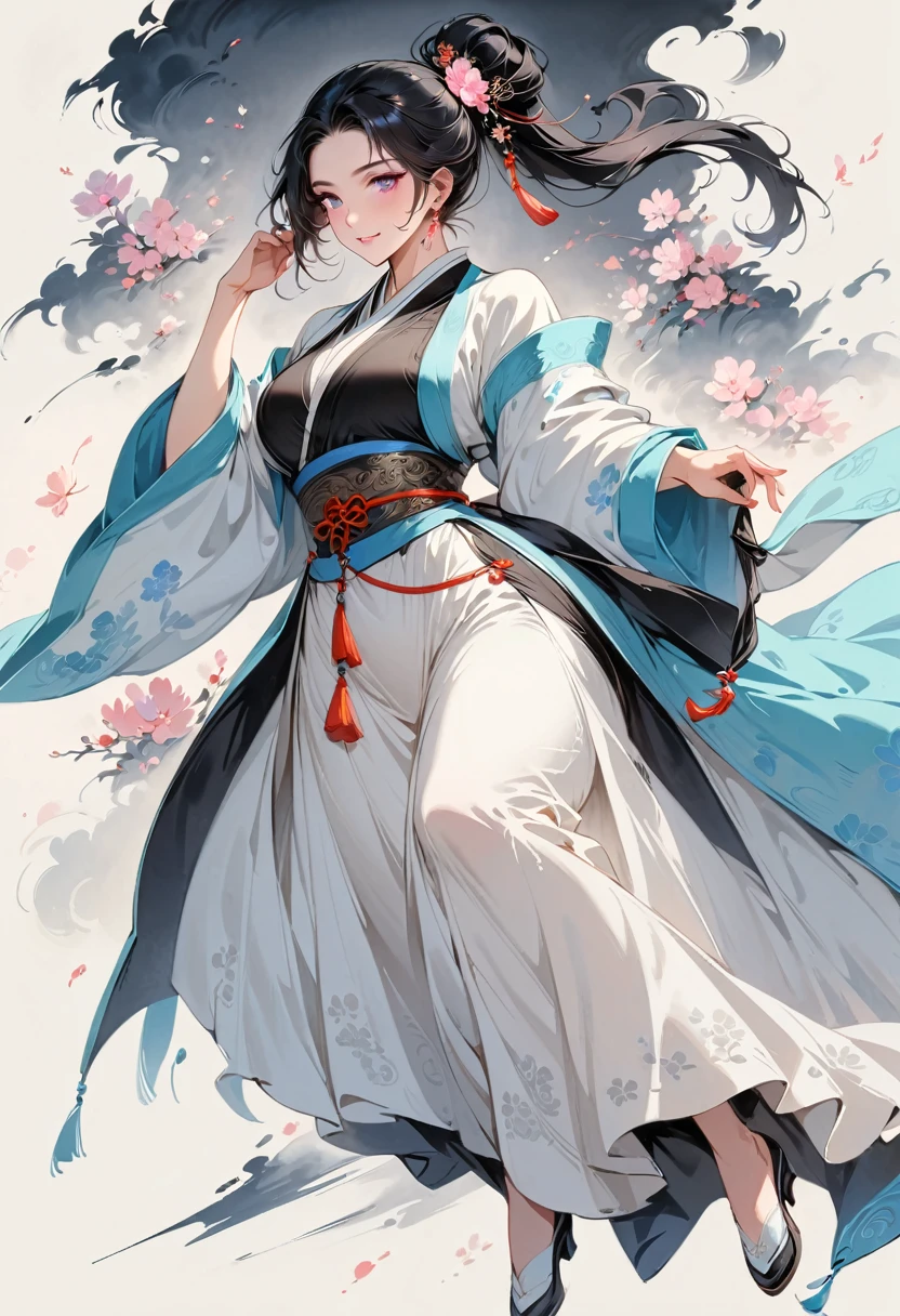 (masterpiece, best quality:1.2), 1 woman, Hanfu, (Dress conservatively:1.3), (delicate and beautiful face:1.8), mature, laugh, black hair, hairpin, purple eyes, , beautiful bridge, (ink stain) beautiful portrait, clothing ink style, traditional china painting, ink bismuth, from below, masterpiece, high details,Armor, full body