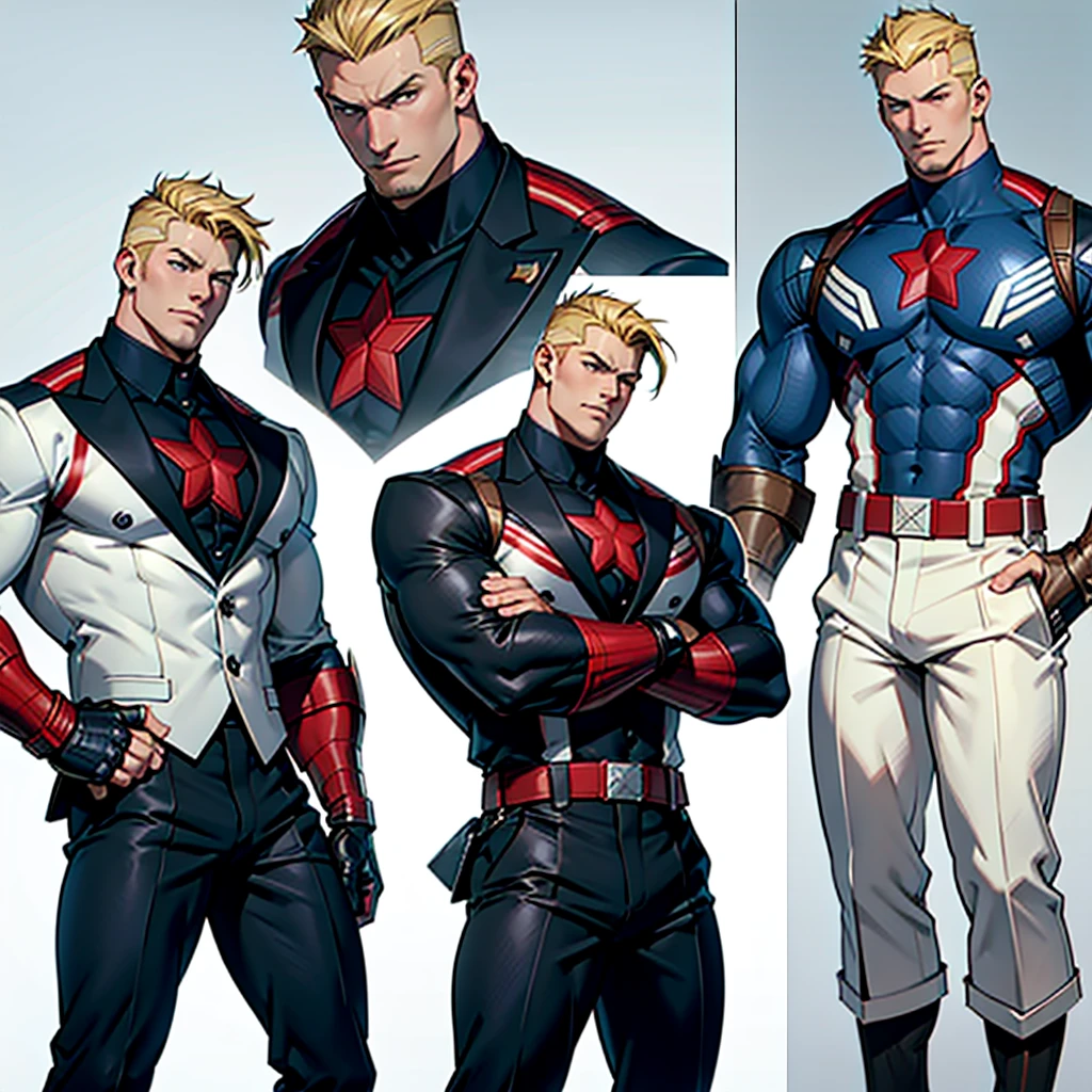 A model sheet of a muscular adult Captain America, short blonde hair in a very light tone, shaved neck. He wears a suit-style outfit with black colors., navy blue and white, black pants and black shoes. Using detailed gauntlets. Com poses, various face angles, Facial expressions.
