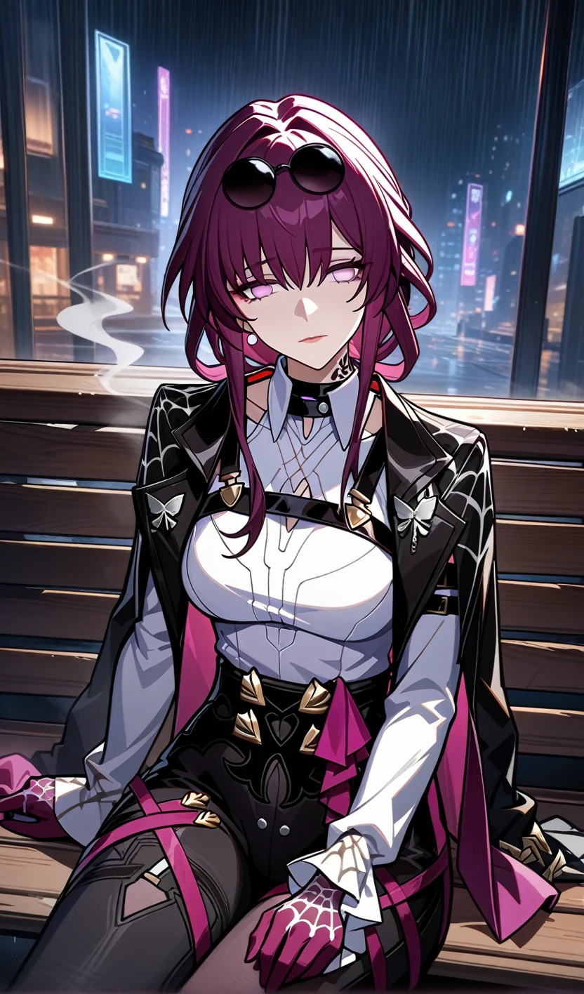 kafka from honkai star rail,tattoo on the neck and arm,wear black modern T-Short and black modern jeans,sunglasses,Sitting on a bench,smokes a cigarette,cigarette smoke, sad face, depress, night city,rain, (best quality), ultra high res, professional artwork, ultra detailed, intricate, detailed face,