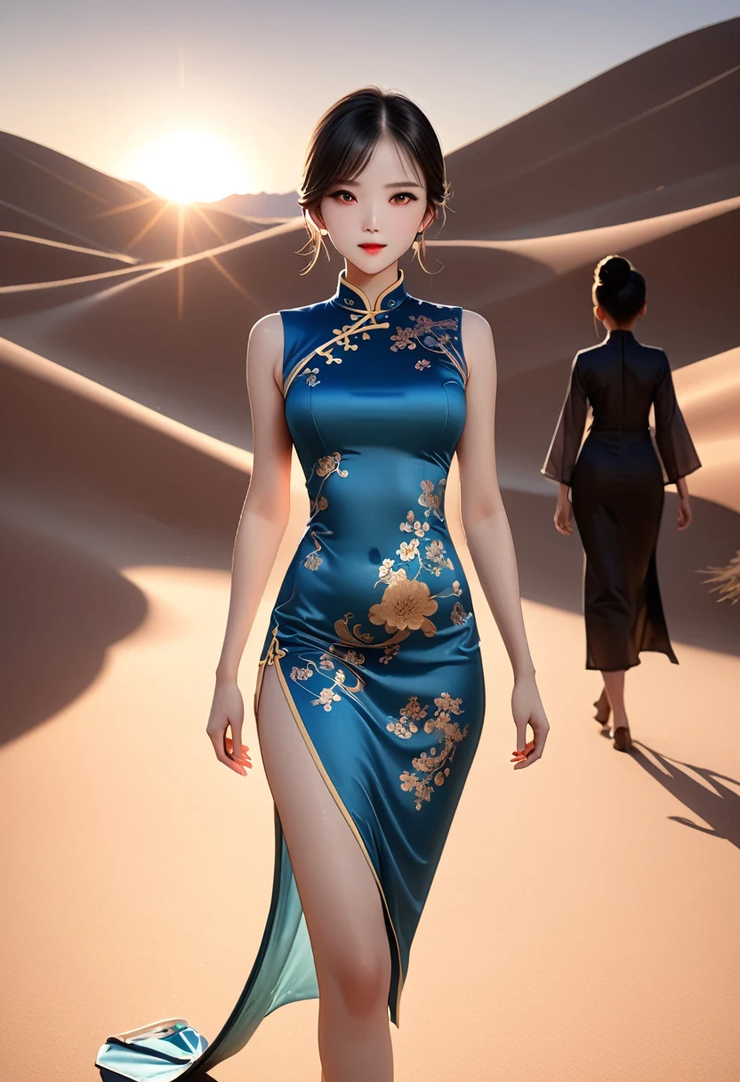 (best quality,4K,8K,high resolution,masterpiece:1.2),Very detailed,(Practical,photoPractical,photo-Practical:1.37),Chinese custom cheongsam,Anatomically correct,Backlight,Deep Shadows,Silhouette Light,Simple and elegant cheongsam,Charming Chinese design,Simple style,Silk Road Fashion Show，Desert Background，Sunset，Cheongsam series