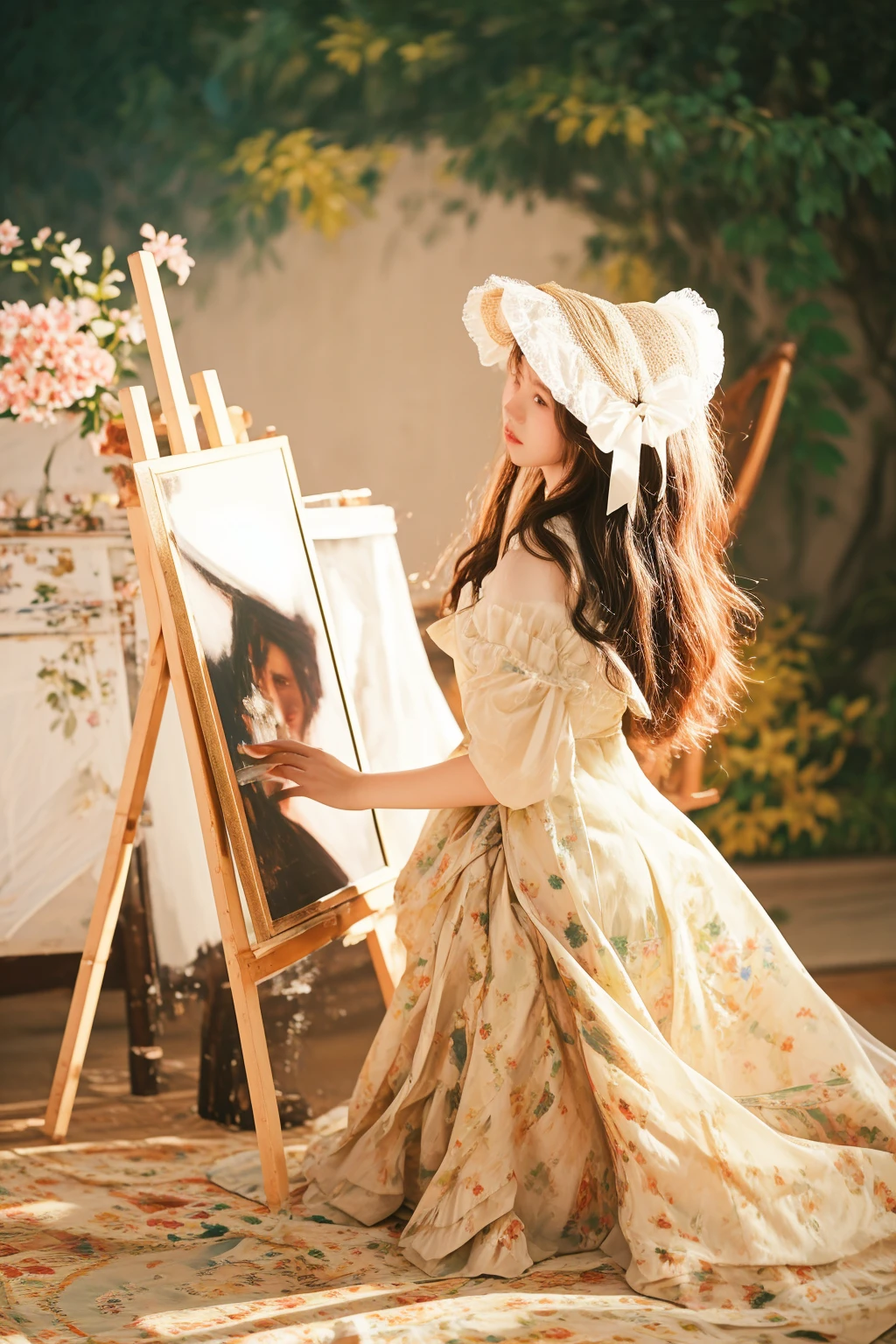 painting of a woman in a dress and bonnet sitting on a chair, painting style, model painting, exquisite painting, 4k photograph of painting, oil painting masterpiece, inspired by Berthe Morisot, korean artist, in the painting style of renoir, oil painting style, inspired by Franz Xaver Winterhalter, in style of old painting, art painting, painting, painting