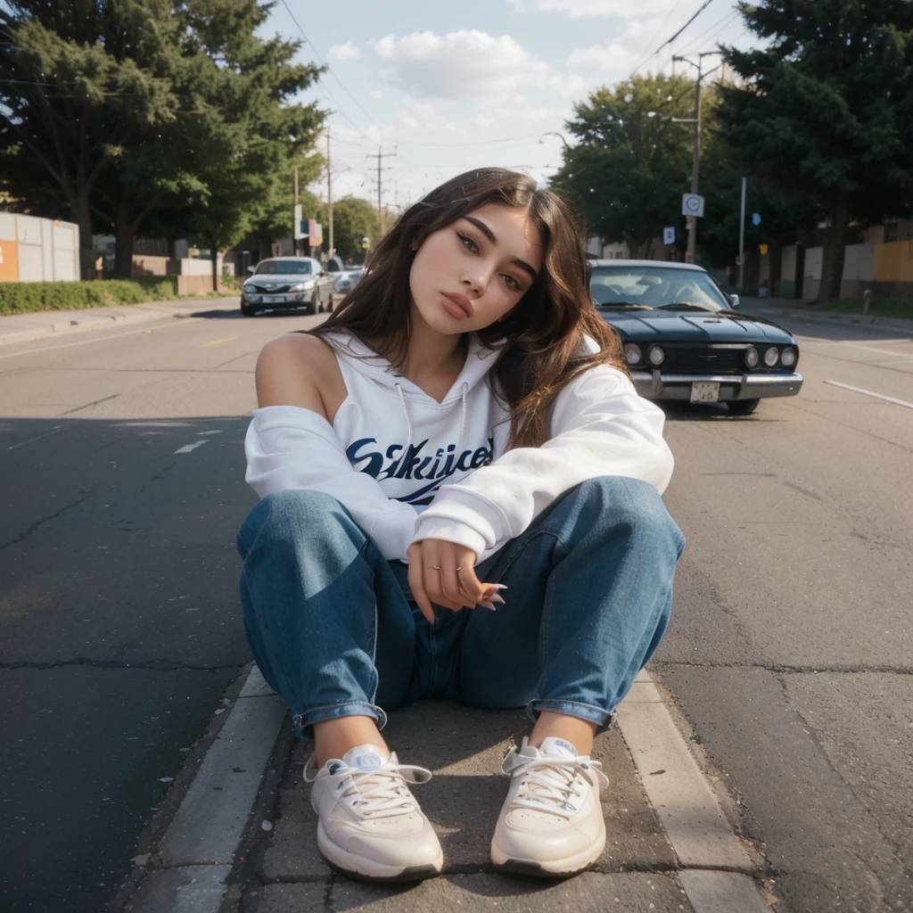 Arafed woman sitting on the side of the street with a car in the background, Portrait of Sophie Mudd, she wears street clothes, :: Madison Beer, Madison Beer girl portrait, Madison Beer, girl in a sweatshirt, woman in street clothes, Isabella Moner, Catherine, soft devil queen Madison Beer, Victoria Havrylenko, Girl sitting on the roof