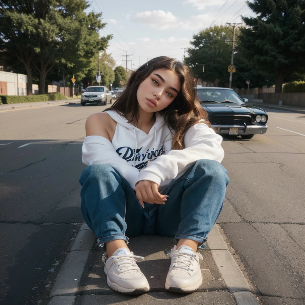 Arafed woman sitting on the side of the street with a car in the background, Portrait of Sophie Mudd, she wears street clothes, :: Madison Beer, Madison Beer girl portrait, Madison Beer, girl in a sweatshirt, woman in street clothes, Isabella Moner, Catherine, soft devil queen Madison Beer, Victoria Havrylenko, Girl sitting on the roof