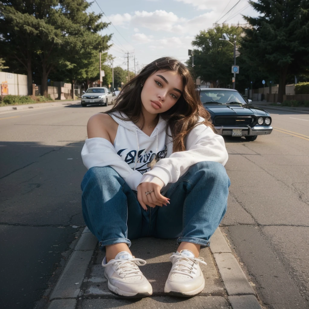Arafed woman sitting on the side of the street with a car in the background, Portrait of Sophie Mudd, she wears street clothes, :: Madison Beer, Madison Beer girl portrait, Madison Beer, girl in a sweatshirt, woman in street clothes, Isabella Moner, Catherine, soft devil queen Madison Beer, Victoria Havrylenko, Girl sitting on the roof