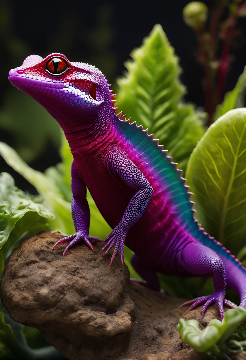 Create an image of a fusion between a gecko and a beetroot, extremely realistic and detailed. The creature must have the main body of a gecko, with smooth scales and a long, flexible tail. However, the texture and color of the scales should resemble the surface of a beetroot, with deep shades of purple and red, and a slightly rough appearance.
The creature's head must be a mixture of the two beings, with large, expressive eyes typical of a gecko, but with a shape and color reminiscent of beetroot. The creature's mouth should be slightly curved in a graceful smile, with small visible teeth. Its paws must be slender and agile, like a lizard, but with a reddish tone that harmonizes with the rest of the body.
The creature should have green leaves sprouting from the top of its head and along its back., reminiscent of beet leaves. These leaves should be vibrant and healthy, creating an interesting contrast with the scaly, colorful body.
The creature's habitat must be a lush garden, full of vegetables and plants. The soil must be fertile and rich, with other beets visible growing around. Soft sunlight should penetrate through plant leaves, creating a welcoming and charming environment. The beetroot gecko should be positioned in a graceful posture, as if resting on a leaf or climbing a plant.
The image must be incredibly detailed, capturing every nuance of this unique fusion, making it appear as if the beetroot gecko actually exists in a magical, vibrant garden. The creature must convey a sense of grace and gentleness, with a delicate and charming smile, to look as realistic as possible.