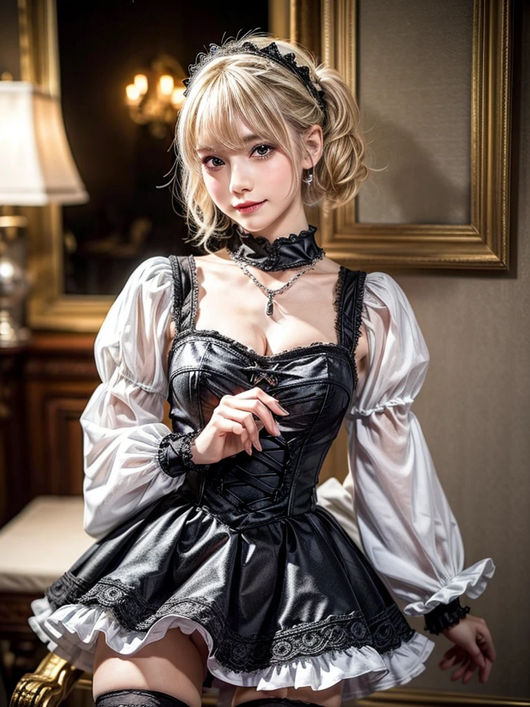 (8K, Photorealistic, Raw photo, of the highest quality: 1.3), (1girl in), Super beautiful, (Realistic face), (boyish, Silver Color Berry Shorthair), Beautiful , Glare that captivates the viewer, Beautiful expression, Beautiful breasts, (Realistic skin), Be...Super high quality, super high definition, super detailed, masterpiece, 20years old, female, cute, perfect face, beautiful, nice body, gothic ta clothes, gothic loliashion, frilly skirt, headdress, necklace, bracelet, knee-high socks, boots, double eyelids, tear bags, Detailed down to the fingers, photo-like description, indoors, dim indoor lighting, blonde hair, pony tail, standing, whole body, composition that shows the whole body, smiling
