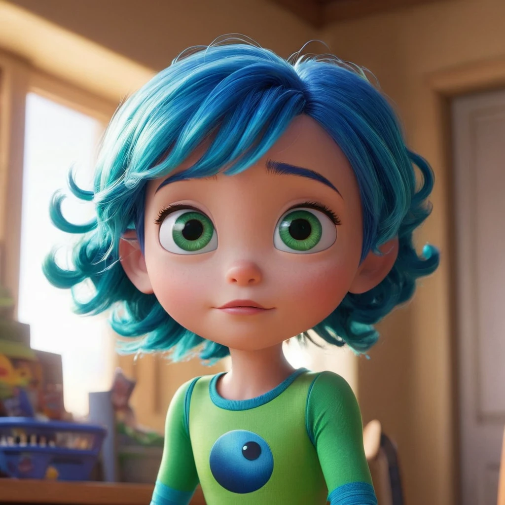 a close-up of a cartoon character with blue hair and green eyes, still from the alien girl movie, cute pixar character, pixar coronavirus movie, cute pixar character design, frame from pixar film, pixar movie screenshot, still from the pixar movie, depicted como um personagem da Pixar, pixar doll deep focus, Still from a Pixar film, as a character from Pixar Consumption 