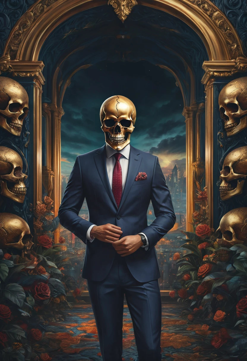 there is a man with a skull on his head and a suit, 8k high quality detailed art, highly detailed digital artwork, stunning digital illustration, beautiful digital artwork, highly detailed digital art, striking detailed artstyle, 4 k highly detailed art, 4k highly detailed digital art, over detailed art, detailed art, digital painting highly detailed, super detailed and realistic