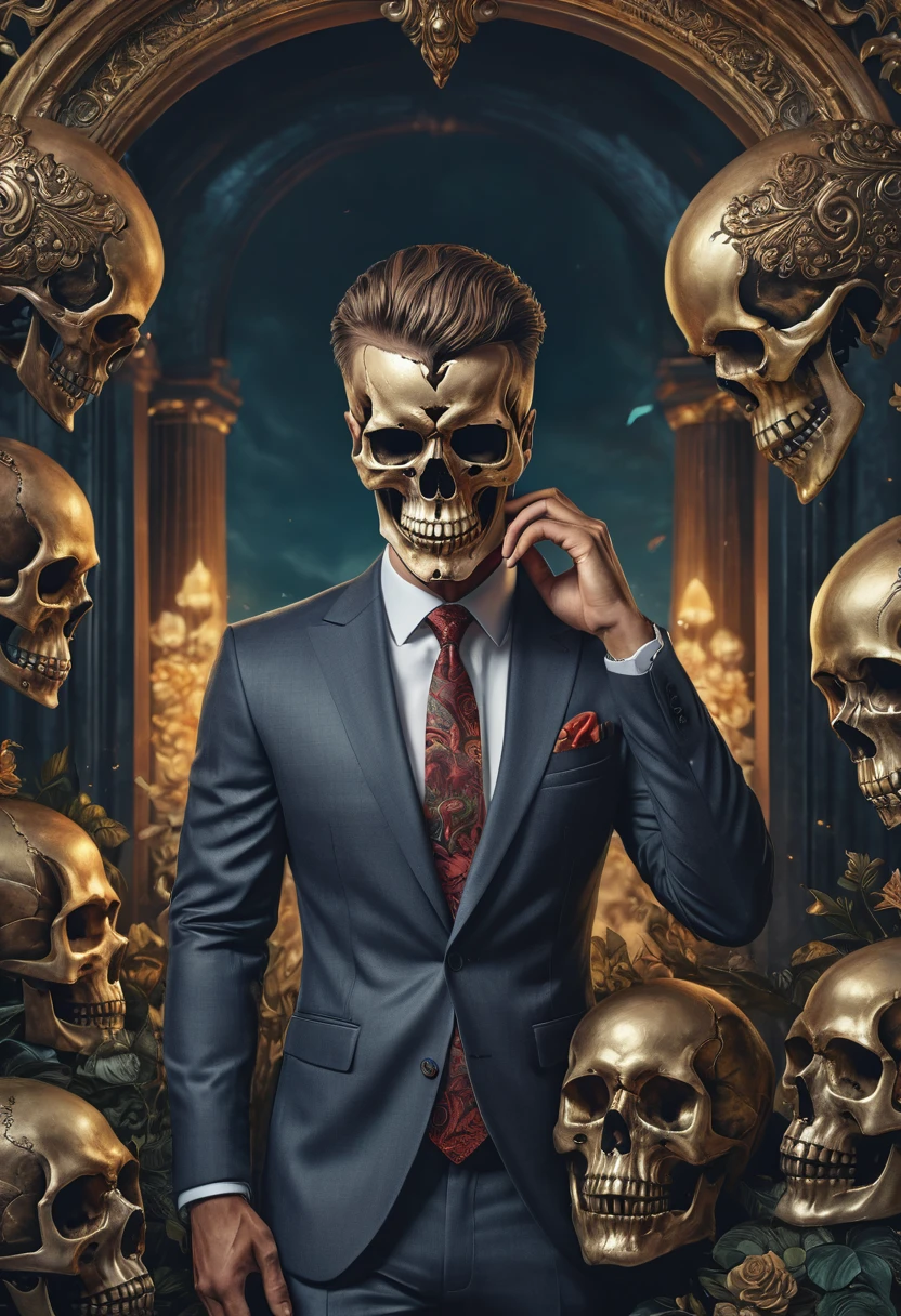 there is a man with a skull on his head and a suit, 8k high quality detailed art, highly detailed digital artwork, stunning digital illustration, beautiful digital artwork, highly detailed digital art, striking detailed artstyle, 4 k highly detailed art, 4k highly detailed digital art, over detailed art, detailed art, digital painting highly detailed, super detailed and realistic