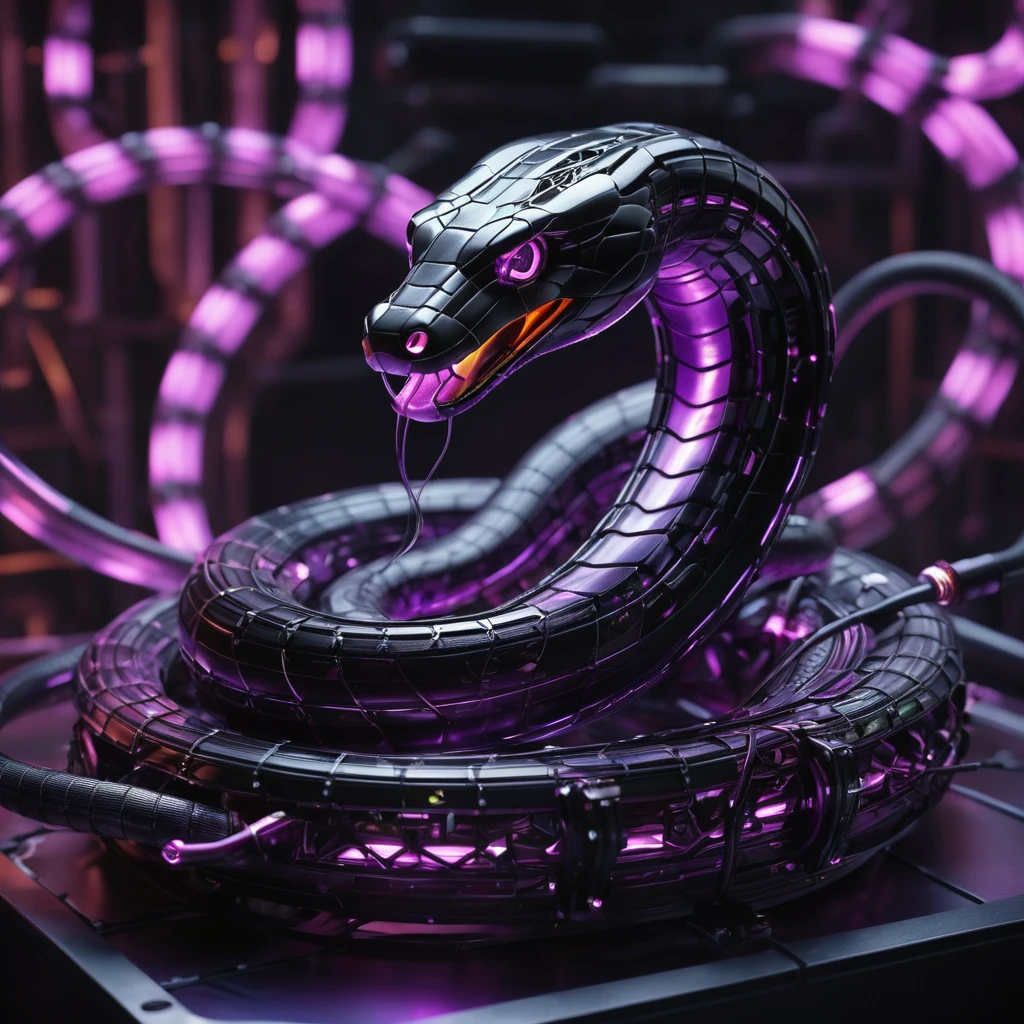 A high-resolution image of a mechanical snake, intricately designed and powered by a glowing purple nuclear core. Its body is made of matte black metal segments, connected seamlessly. The snake is interlaced with wires, cables, and pipes running along its length, with visible gears and screws adding to its complexity. The background is a dark, futuristic industrial setting, with the purple glow from the nuclear core casting a subtle light on the snake’s matte black metal and intricate components. The scene exudes advanced technology and a sense of formidable power.