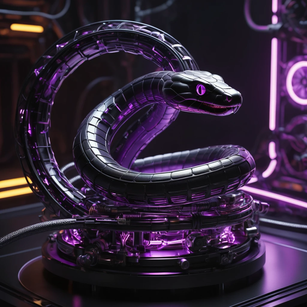 A high-resolution image of a mechanical snake, intricately designed and powered by a glowing purple nuclear core. Its body is made of matte black metal segments, connected seamlessly. The snake is interlaced with wires, cables, and pipes running along its length, with visible gears and screws adding to its complexity. The background is a dark, futuristic industrial setting, with the purple glow from the nuclear core casting a subtle light on the snake’s matte black metal and intricate components. The scene exudes advanced technology and a sense of formidable power.