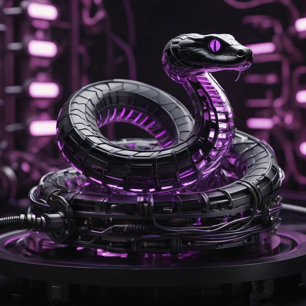 A high-resolution image of a mechanical snake, intricately designed and powered by a glowing purple nuclear core. Its body is made of matte black metal segments, connected seamlessly. The snake is interlaced with wires, cables, and pipes running along its length, with visible gears and screws adding to its complexity. The background is a dark, futuristic industrial setting, with the purple glow from the nuclear core casting a subtle light on the snake’s matte black metal and intricate components. The scene exudes advanced technology and a sense of formidable power.