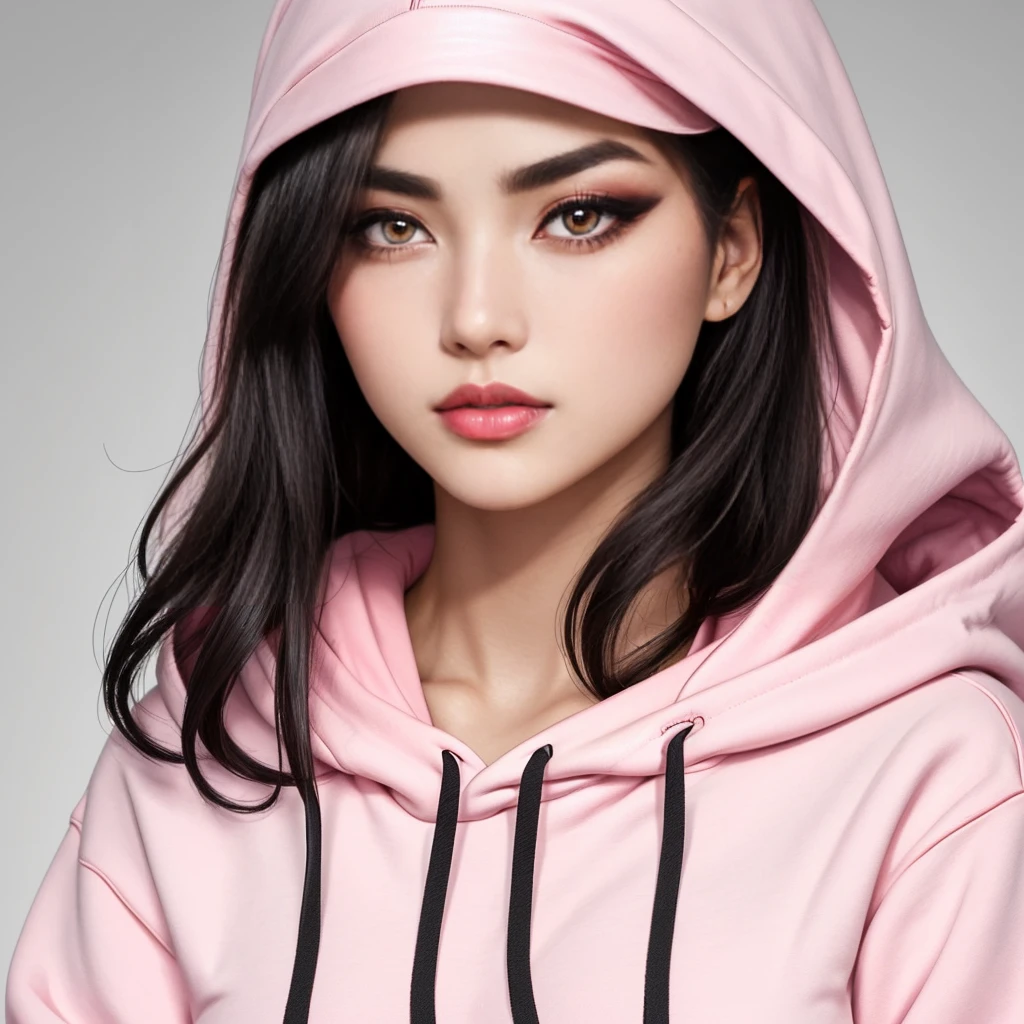 A fair complexion with a delicate yet strong facial structure. Her features include sharp, well-defined eyebrows and a focused, determined expression. She has slant and sharp eyes and a poised demeanor, contributing to her commanding presence. Her makeup is subtle, enhancing her natural beauty and emphasizing her eyes. Pink oversized hoodie.