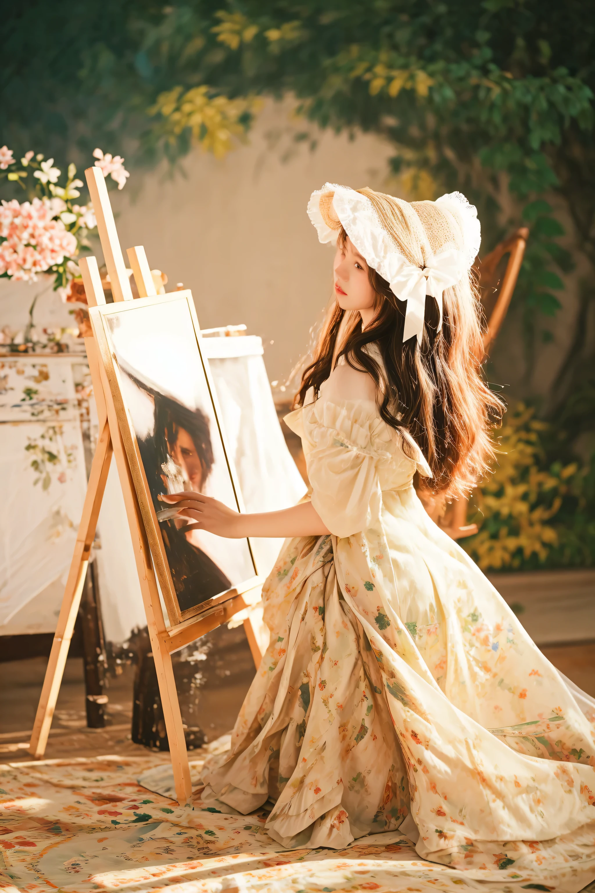painting of a woman in a dress and bonnet sitting on a chair, painting style, model painting, exquisite painting, 4k photograph of painting, oil painting masterpiece, inspired by Berthe Morisot, korean artist, in the painting style of renoir, oil painting style, inspired by Franz Xaver Winterhalter, in style of old painting, art painting, painting, painting