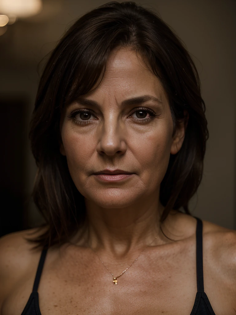 shot of a 50 year old woman, shoulder-length brown hair, mature body shape, medium-sized saggy breasts, tanktop, photorealistic, detailed face, detailed eyes, detailed lips, detailed skin, high quality, realistic lighting, natural color tones, warm lighting, intricate details,  volumetric lighting, film grain, depth of field, cinematic composition, dramatic lighting, chiaroscuro, portrait, middle-aged woman, middle-aged female