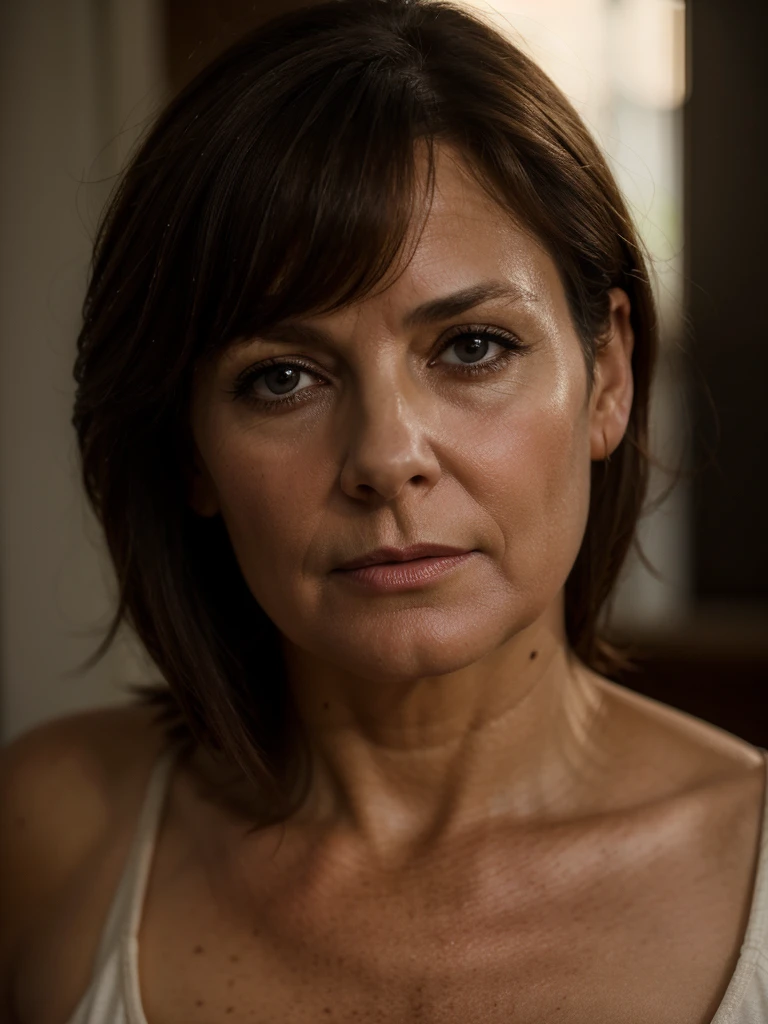 shot of a 50 year old woman, shoulder-length brown hair, mature body shape, medium-sized saggy breasts, tanktop, photorealistic, detailed face, detailed eyes, detailed lips, detailed skin, high quality, realistic lighting, natural color tones, warm lighting, intricate details,  volumetric lighting, film grain, depth of field, cinematic composition, dramatic lighting, chiaroscuro, portrait, middle-aged woman, middle-aged female