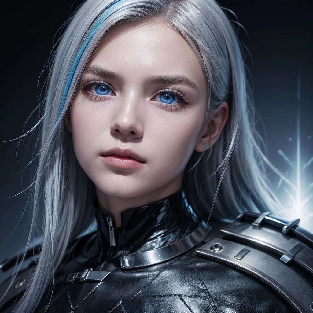 a young warrior with silver hair with blue highlights and sparkling blue eyes, black skin in counterfeit style