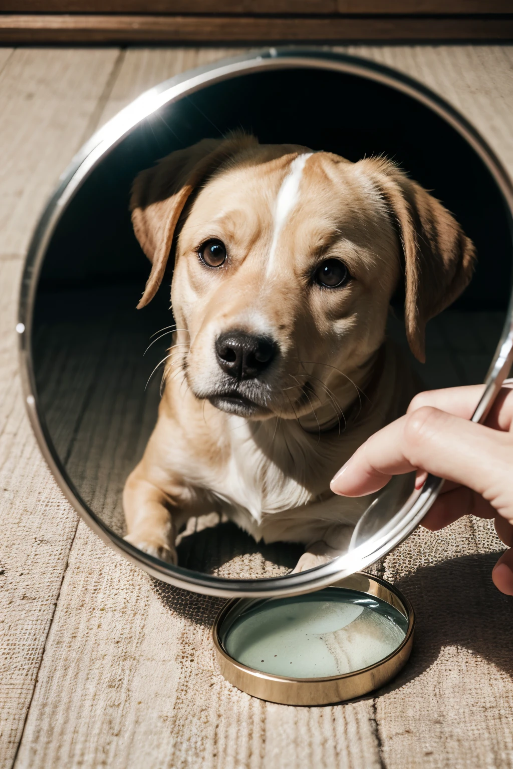 stray dog looking through a magnifying glass cute cartoon
