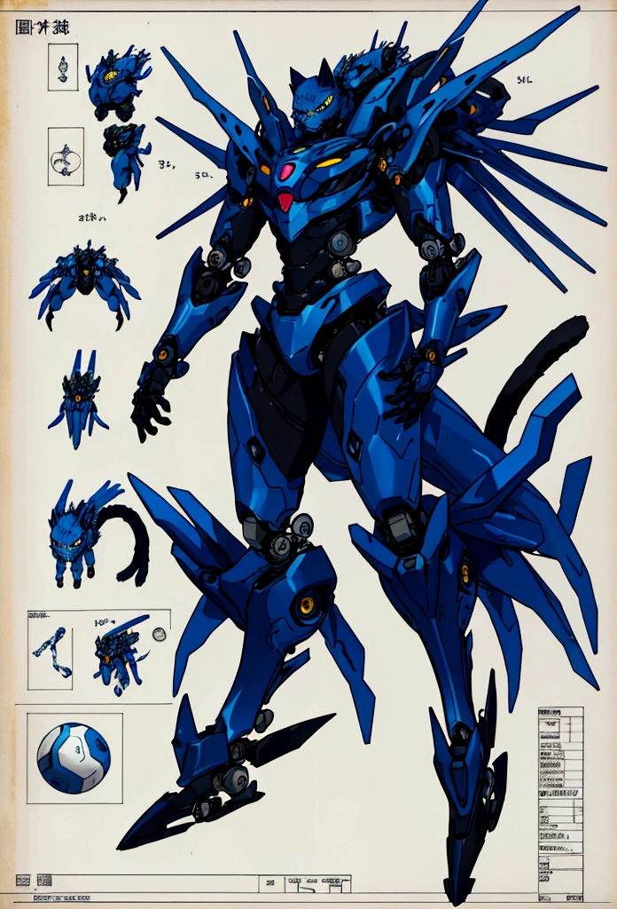 Robotic cat, floating arms and legs, full body, character sheet, spines, ball body, anime style, metallic blue colors.