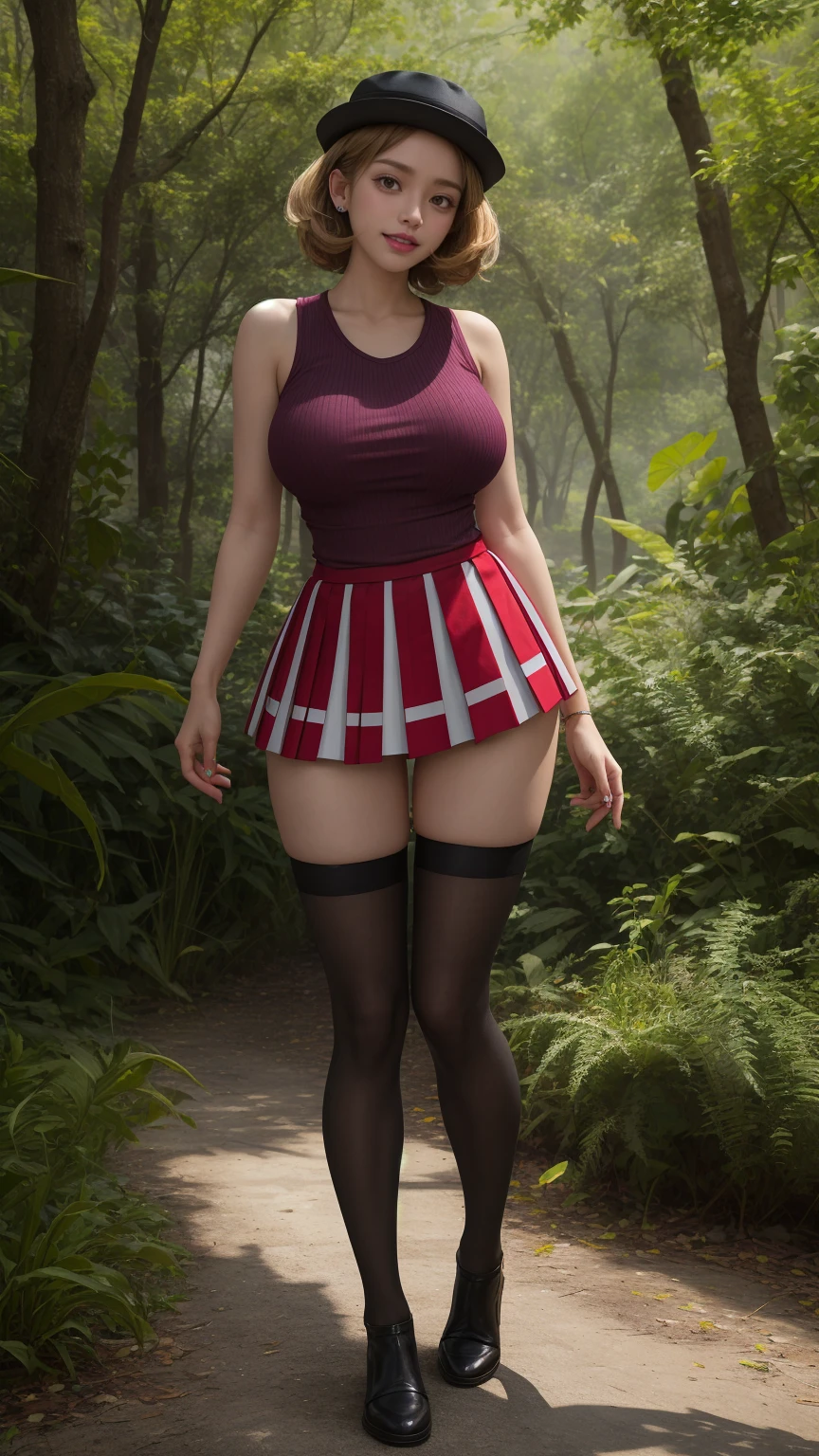 Nsfw, pkmnserena, full body, Burst, 1girl, solo, mature girl, blue eyes, blonde hair, short hair, bangs, hat, transparent singlet, red skirt, pleated skirt, black thighhighs, big breast, 
smile,opened mouth, blush, cowboy shot,sexy pose,
forest,outdoor,
(insanely detailed, beautiful detailed face, masterpiece, best quality) cinematic lighting,