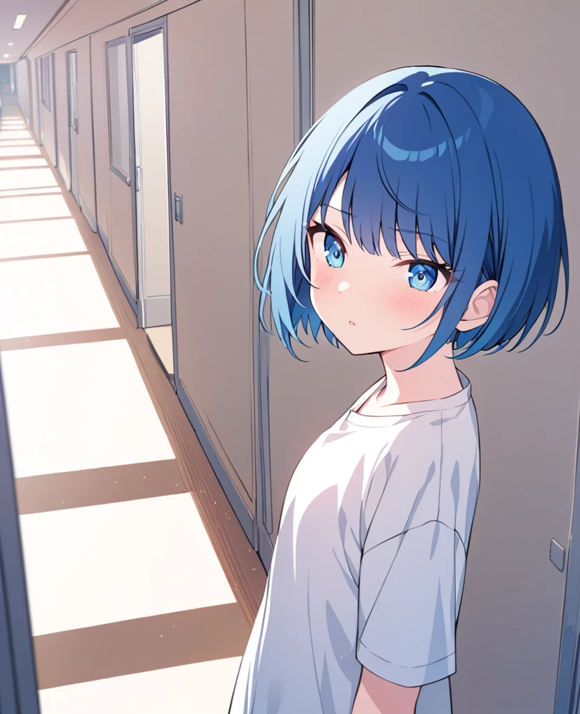 One girl,alone,kiritani haruka,Blue Hair,Blue Eyes,project sekai,Short Hair,cute,cute,nsfw,shirt,corridor