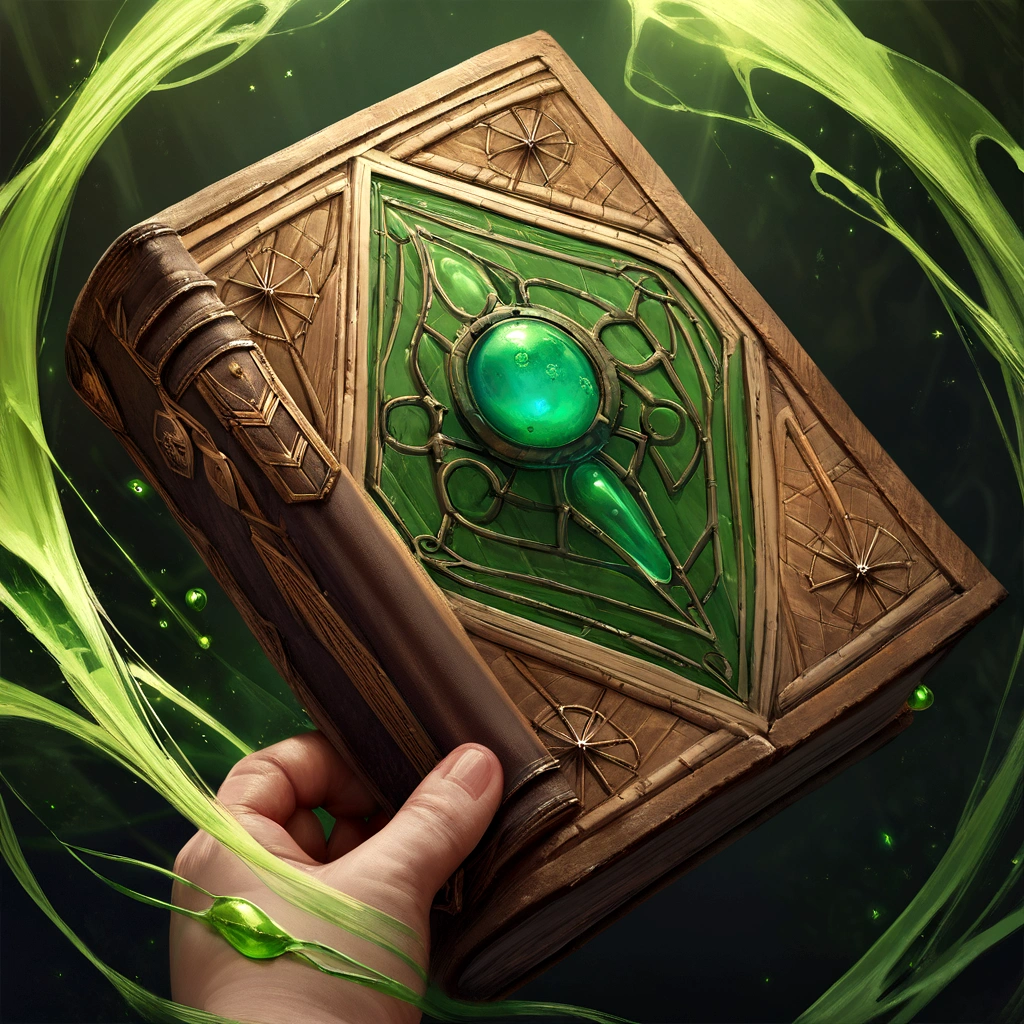 The Grimoire is of considerable size, often large enough to require both hands to carry. Its cover is adorned with intricate magical symbols and patterns that seem to shift and change when observed closely. has green flowing energy, realistic, ultradetailed, hd, sharp shot, masterpiece, dramatic, epic, poison, toxin, skill book, square, emblem, logo