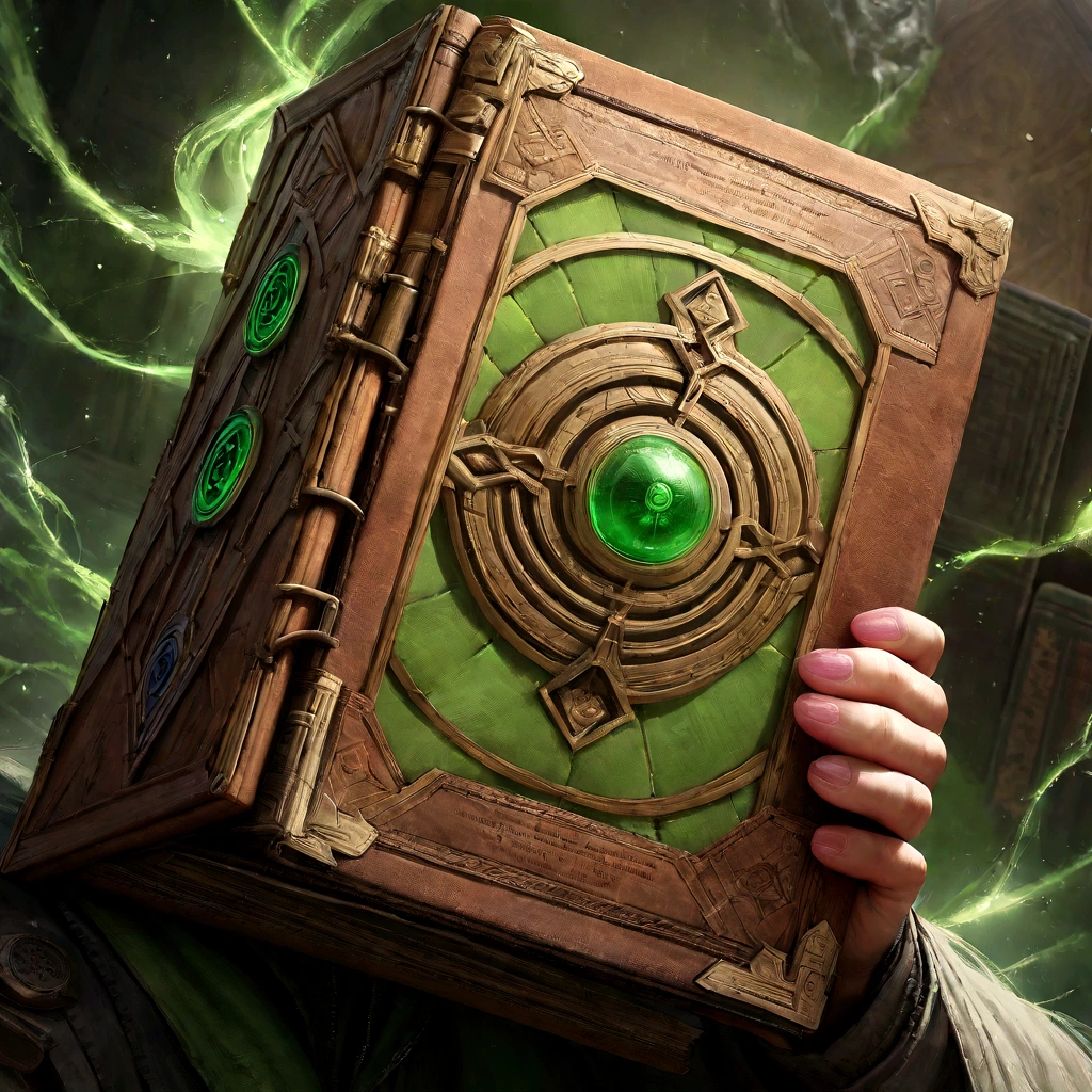 The Grimoire is of considerable size, often large enough to require both hands to carry. Its cover is adorned with intricate magical symbols and patterns that seem to shift and change when observed closely. has green flowing energy, realistic, ultradetailed, hd, sharp shot, masterpiece, dramatic, epic, poison, toxin, skill book, square, emblem, logo