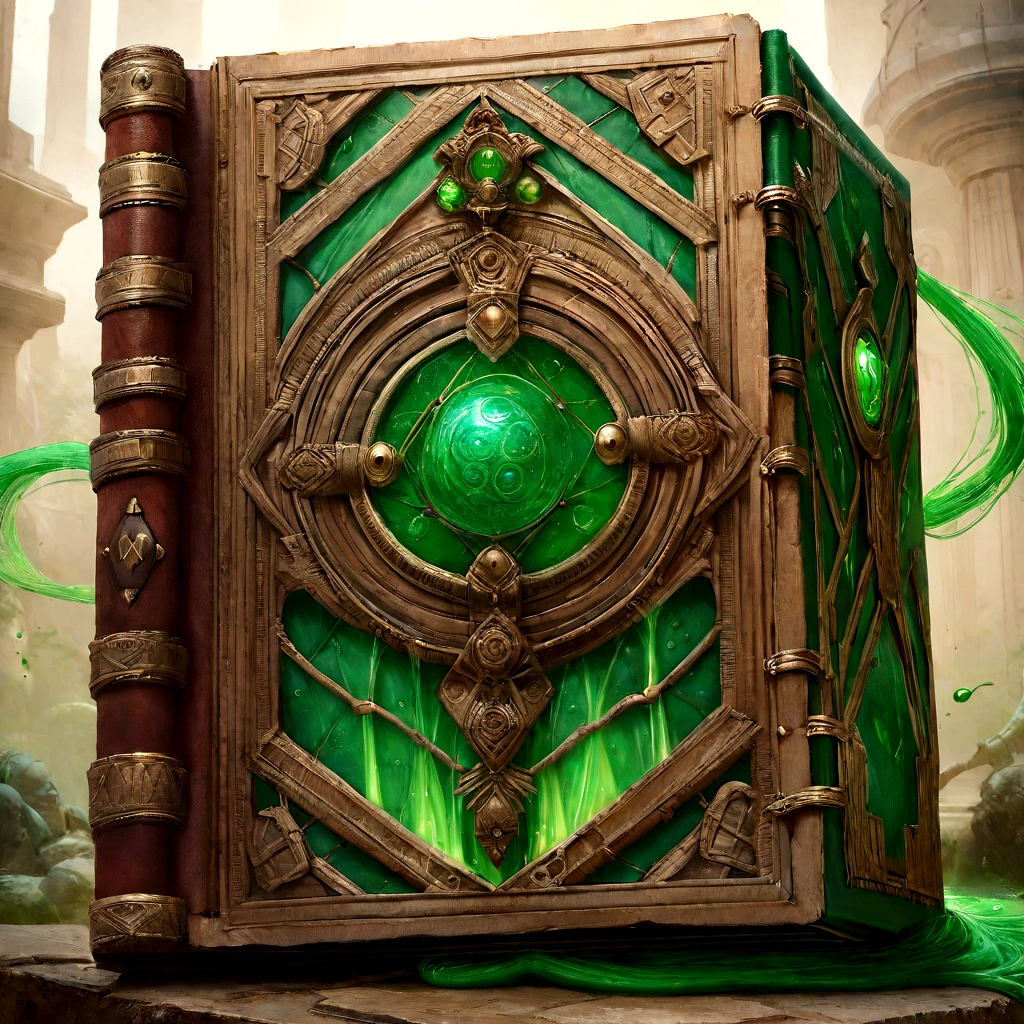 The Grimoire is of considerable size, often large enough to require both hands to carry. Its cover is adorned with intricate magical symbols and patterns that seem to shift and change when observed closely. has green flowing energy,  realistic, ultradetailed, hd, sharp shot, masterpiece, dramatic, epic, poison, toxin, skill book, square, emblem, logo