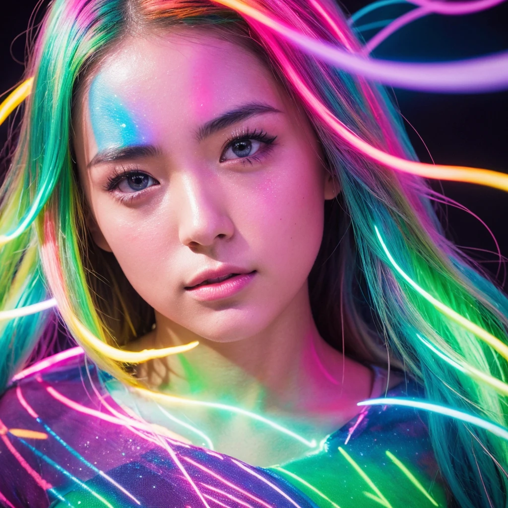 made full portrait unique photography with light and painting. Using Fluorescent materials to form abstract patterns that are implemented on the pretty japanese women face with dynamic pose. Phosphorescent materials store light and release it slowly. glow in the dark, prism rainbow effect, Ultra highly detailed, skin texture, detailed art, neon glow backround, Realistic Portrait by Arnau Mas