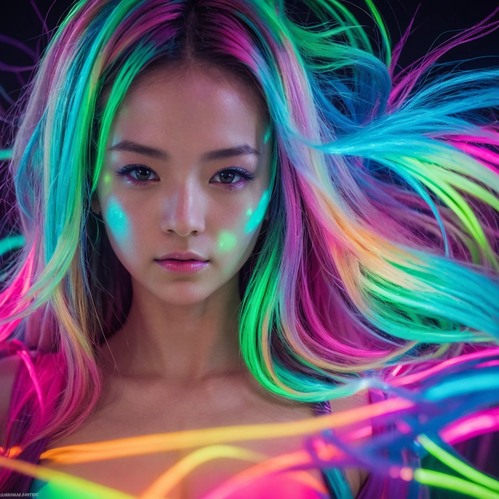 made full portrait unique photography with light and painting. Using Fluorescent materials to form abstract patterns that are implemented on the pretty japanese women face with dynamic pose. Phosphorescent materials store light and release it slowly. glow in the dark, prism rainbow effect, Ultra highly detailed, skin texture, detailed art, neon glow backround, Realistic Portrait by Arnau Mas