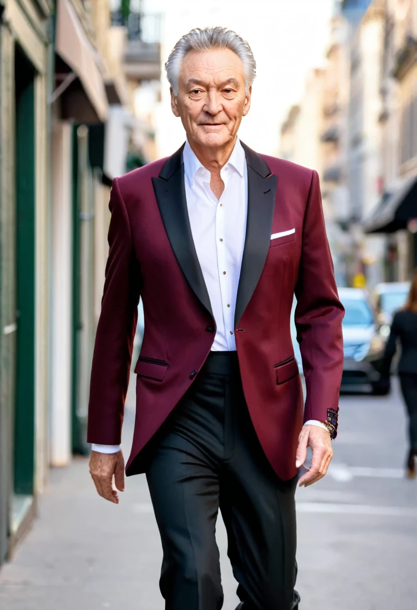 Mid  man walking on streets in daylight in burgundy tuxedo jacket and black pants 