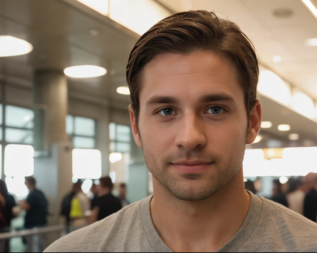 (((zoom out, full body, handsome 35 year old desirable caucasian man with distinguished features, waiting in airport))), (light brown medium length hair, cropped sides, clean shaved face, intriguing green eyes), (gray v-neck shirt, blue jeans, sneakers), athletic build, strong, seductive smile with gentle expression, detailed depiction of facial features, perfectly symmetrical face, bright overhead lighting masterfully accentuates his excellent features