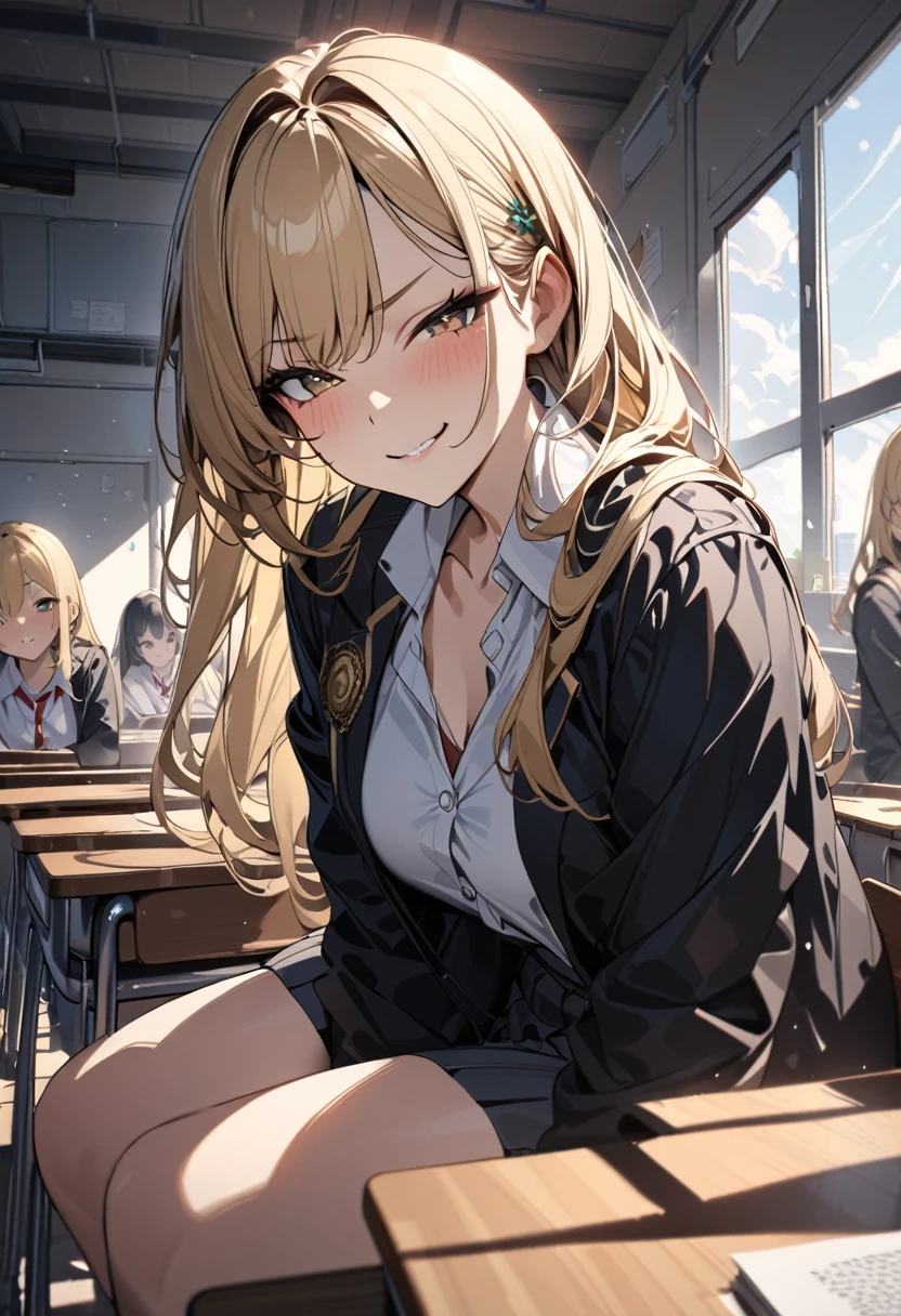 (award winning, 8k, super detailed, high resolution, best quality) , photography, (two girls), one girl with blonde hair smirk, other girl with black hair and (timid expression), (sitting side by side at desk), ((beautiful girls)), set in classroom.