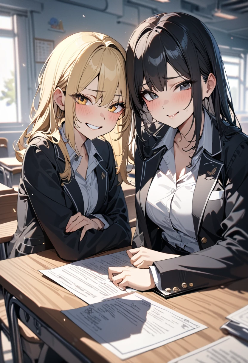 (award winning, 8k, super detailed, high resolution, best quality) , photography, (two girls), one girl with blonde hair smirk, other girl with black hair and (timid expression), (sitting side by side at desk), ((beautiful girls)), set in classroom.