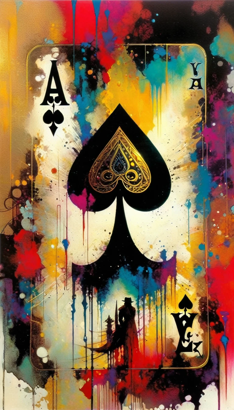 ace of spades, artwork inspired by Bill Sienkiewicz, vivid colors, intricate details, oil.
