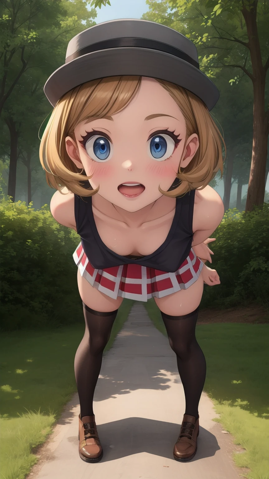 pkmnserena, 1girl, solo, blue eyes, blonde hair, short hair, bangs, hat, grey headwear,
black shirt, turtleneck, sleeveless, red skirt, pleated skirt, black thighhighs,
smile,closed mouth,cowboy shot,sitting,
forest,outdoor,
(insanely detailed, beautiful detailed face, masterpiece, best quality) cinematic lighting, blowjob, oral sex, penis in mouth, hard cock in mouth,  sperm on face, cum on face, cumshot on face, facefuck, deepthroat, cum on face, sperm on face, throatpie