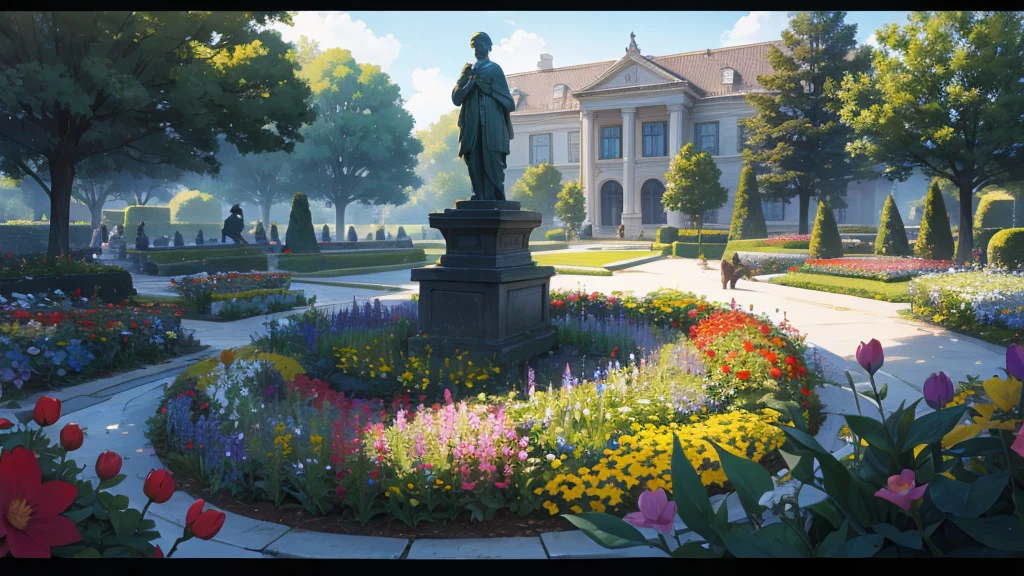 view of flower garden with a statue