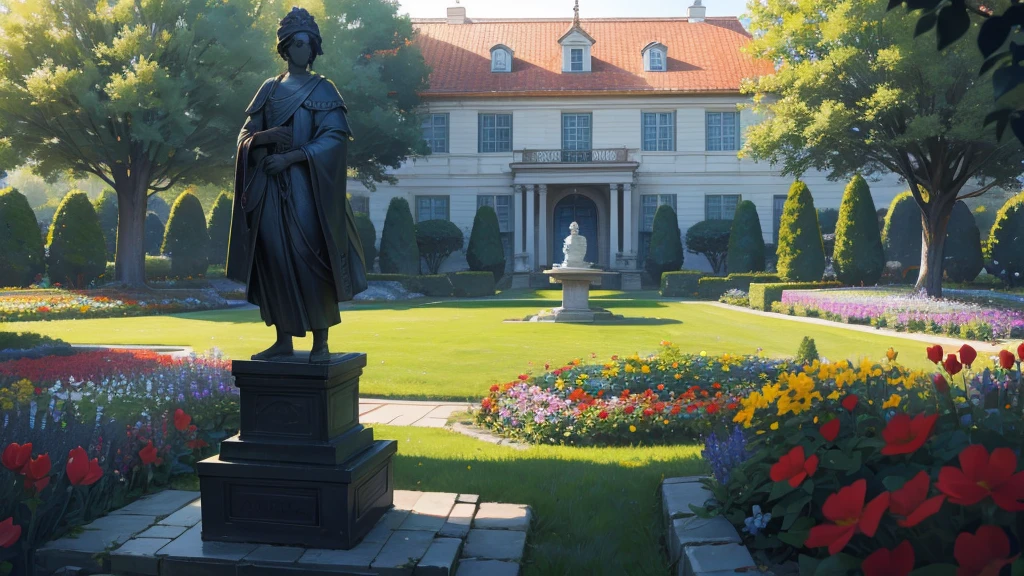 view of flower garden with a statue