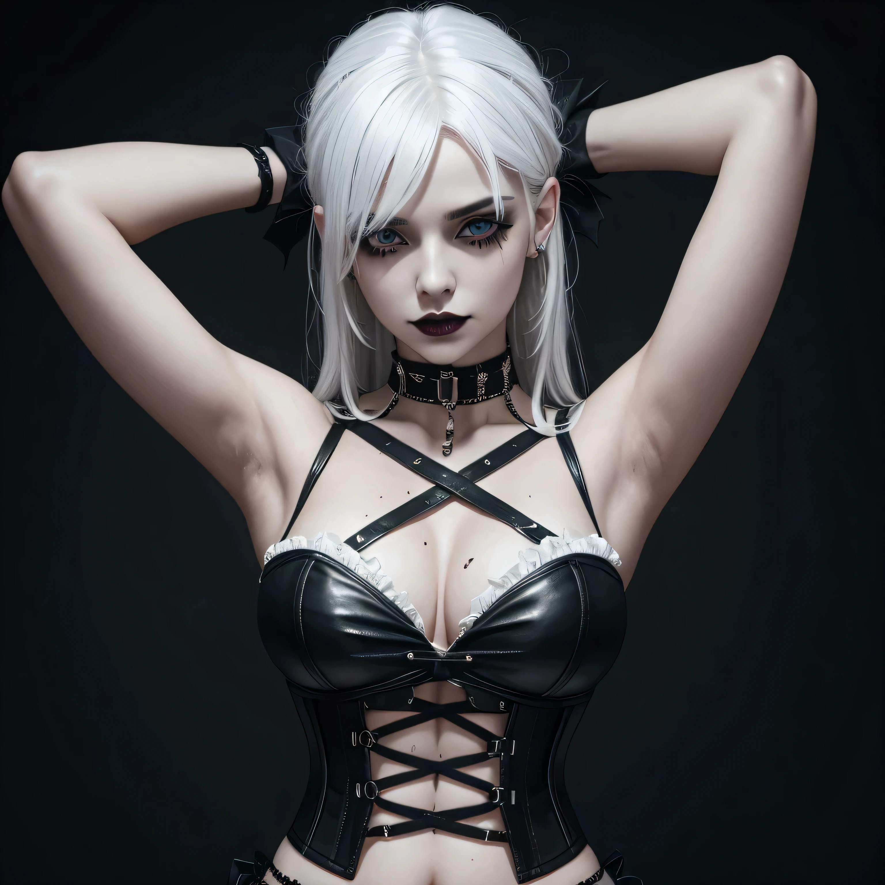 goth girl, white hair, heavy goth makeup, portrait, dark, cropped corset top, choker, armpit, sweaty skin, navel, deep navel,