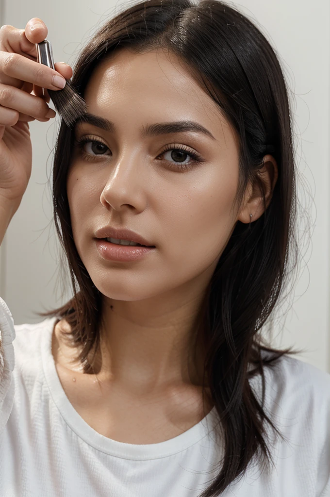 close up image of beautiful woman combing black hair with a brush, wearing a white top