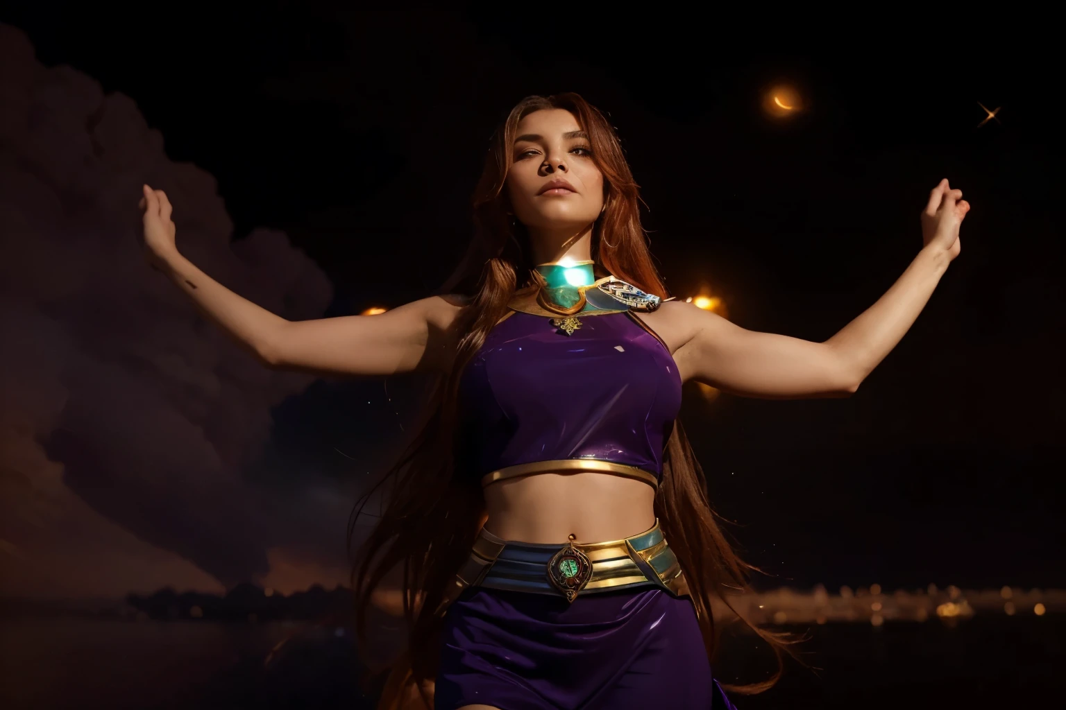 (Best quality, 8k, 32k, Masterpiece, UHD:1.2), "Imagine the vibrant and exotic world of Tamaran, Starfire’s home planet from The Teen Titans. Envision a lush and colorful landscape bathed in the golden light of multiple suns, casting a warm and radiant glow over everything. The sky is a brilliant spectrum of oranges, purples, and pinks, creating breathtaking sunsets and dawns that paint the horizon with vivid hues. ((power)) ((energy)) ((flame))
The terrain is diverse and spectacular, featuring soaring mountains with jagged peaks, vast, rolling plains covered in alien flora, and sparkling azure oceans that stretch as far as the eye can see. Exotic plants and trees with luminescent leaves and flowers dot the landscape, their colors more vivid and varied than those on Earth.
In the heart of Tamaran, grand and majestic cities rise. The architecture is a blend of organic and futuristic designs, with towering spires and flowing structures made of crystal and stone. These buildings are adorned with intricate carvings and glowing gemstones that pulse with an inner light, reflecting the advanced yet nature-integrated technology of Tamaran.
In the bustling marketplaces, Tamaranians—tall, golden-skinned humanoids with vibrant hair colors—move gracefully, their attire a mix of regal and functional, often adorned with precious metals and gems. The air is filled with the melodic sounds of their language and the fragrant scents of exotic spices and flowers.
Above, massive flying creatures glide through the air alongside sleek, advanced spacecraft, both integral parts of Tamaranian life. The sky is often filled with the hum of energy as these vessels move between the planet’s many regions.
Capture the essence of Tamaran's dual nature: its wild, untamed beauty and its sophisticated, harmonious civilization. The planet is a place where nature and technology coexist seamlessly, embodying the spirit of adventure and wonder that characterizes Starfire’s origins."