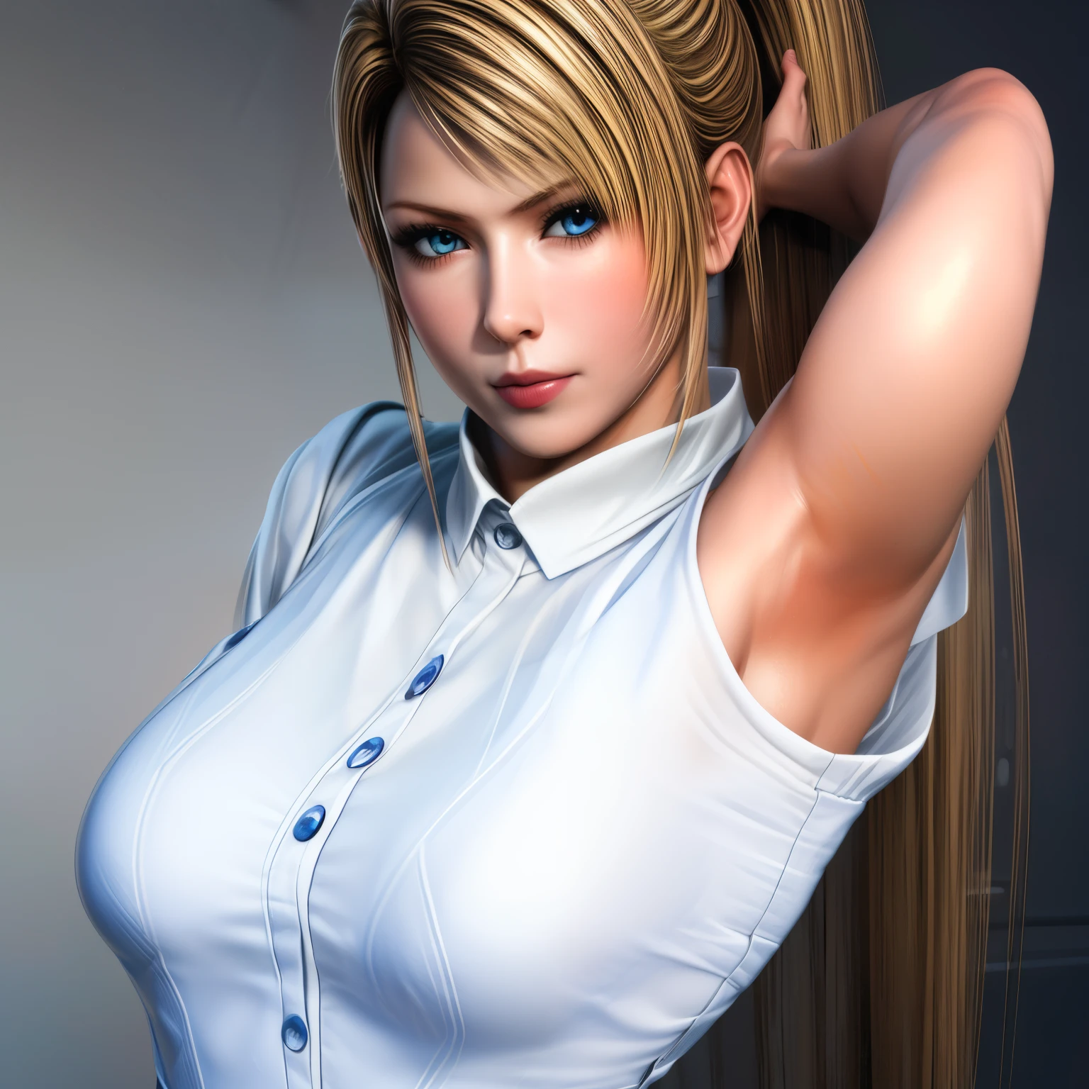 Sarah, very long hair, (white shirt:1.6), (both arms up:1.3), ((medium breasts:1.3)), high ponytail, (armpits exposed:1.5), (wide face:1.6), BREAK masterpiece, 1 girl, RAW photo, (best quality:1.2), extremely delicate beautiful, very detailed, 2k wallpaper, amazing, fine details, extremely detailed CG Unity 8k wallpaper, super detailed, high resolution, (beautiful detailed girl:1.2), perfect anatomy), (Realistic, Photorealistic:1.0), (thin nose:1.2)