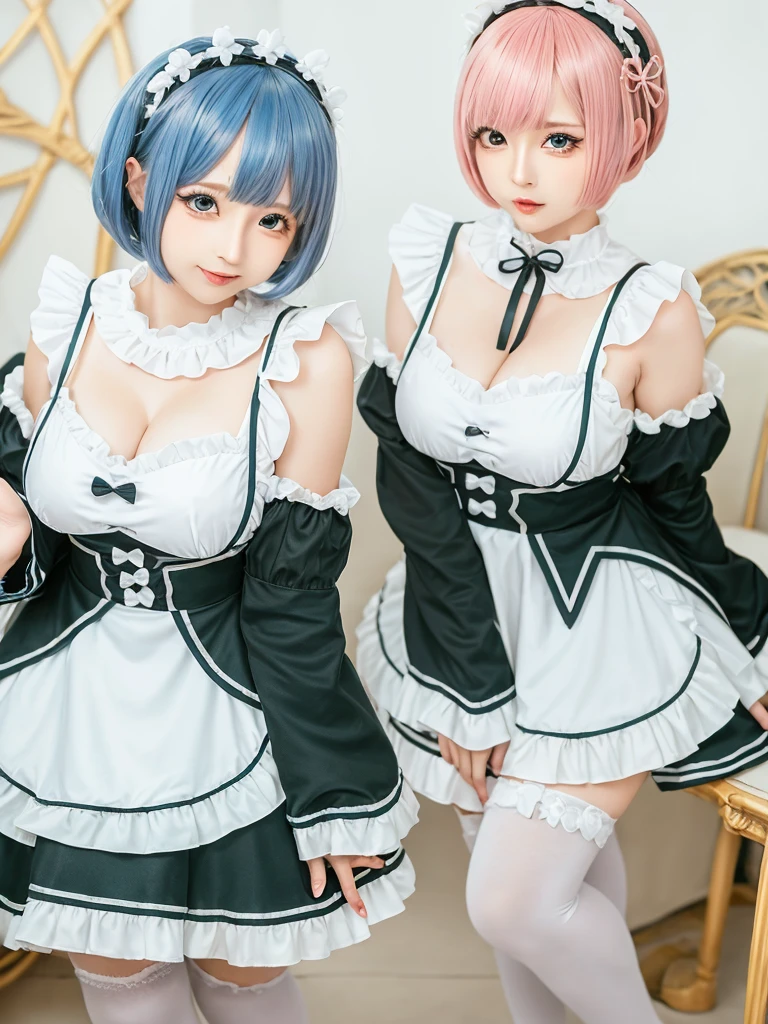 Accurate depiction with high resolution,(8K, Photorealistic, Raw photo, of the highest quality: 1.3), (1girl in), Super beautiful, (Realistic face), (boyish, pink Color Berry Shorthair), Beautiful , Glare that captivates the viewer, Beautiful expression, Beautiful breasts, (Realistic skin), Be...Create a detailed and colorful image of Ram and Rem from Re:Zero, standing back-to-back in their maid outfits, with a magical fantasy background、14years old, two girls,cute, perfect face, beautiful, nice body, gothic ta clothes, gothic loliashion, frilly skirt, headdress, necklace, bracelet, knee-high socks, boots, double eyelids, tear bags, Detailed down to the fingers, photo-like description, indoors, dim indoor lighting, one girl is pink hair and short bob, another girl is light blue hair and short bob,standing,whole body, composition that shows the whole body, smiling,The Both of them are wearing the same type of maid outfit,Optimal ratio of 4 fingers and 1 thumb,walking