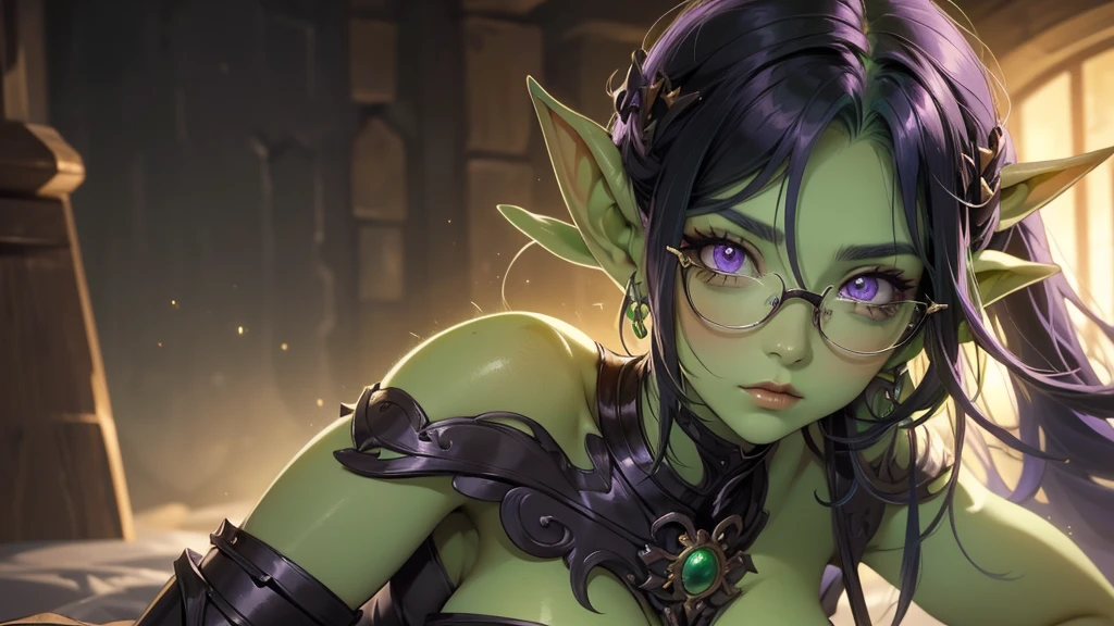 muscular barbarian woman, ((best quality)), ((masterpiece)), (very detailed), 4k, perfect face, ogre girl, green skin, purple eyes, black rimmed glasses, short dark green hair, ethereal, beautiful, looking at viewer, barbarian, wearing armor, Ogre Girl, Green skin, long ears, fur armor, muscular,