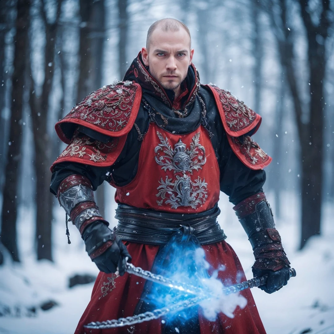 Put an iron crown on the man's head, the crown is made up of two iron blades that come out of his forehead, and an iron blade behind that comes out of the back of his head and is partially visible. The man also has blade-shaped tattoos on the sides of his head and face.