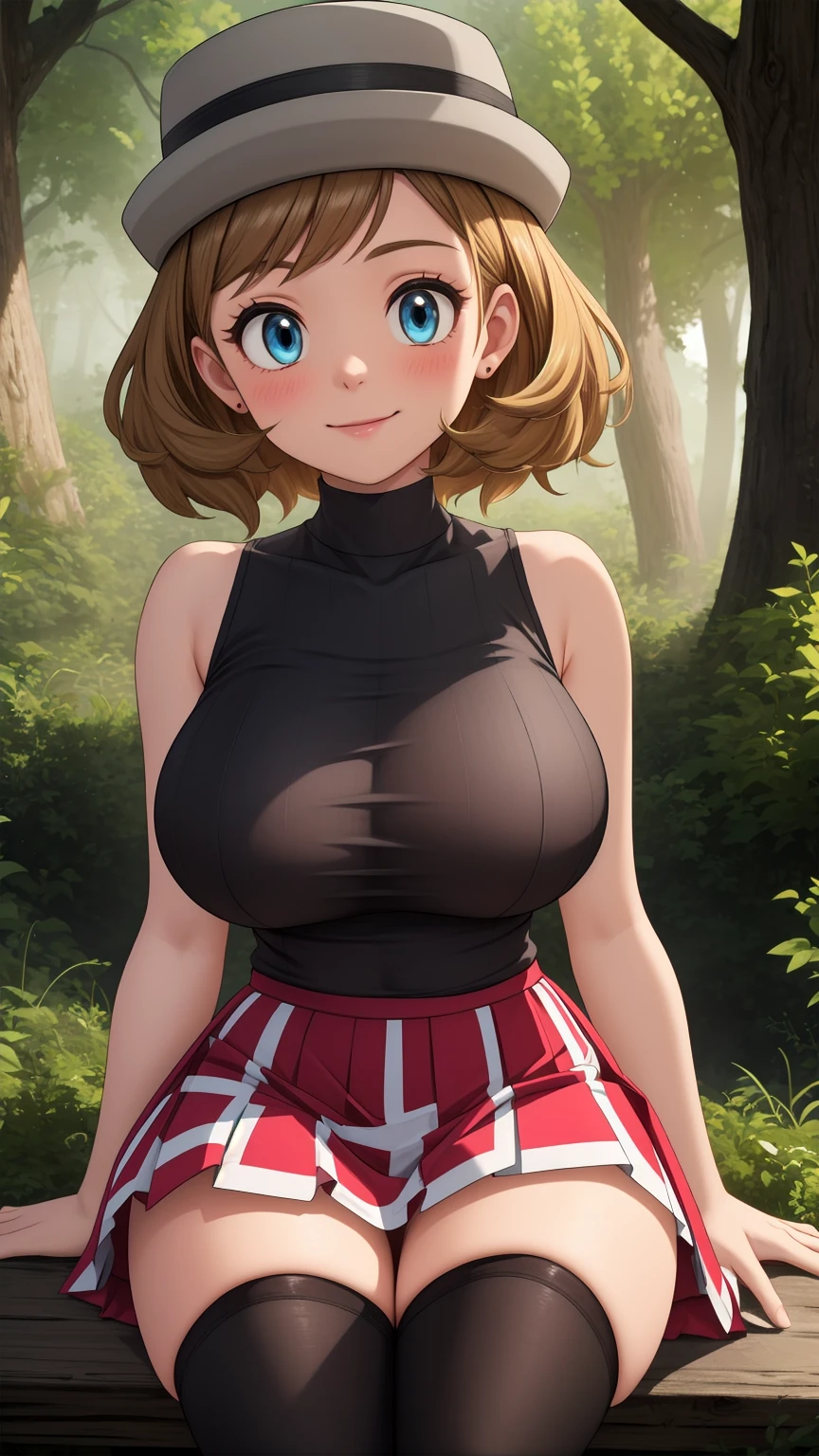 Nsfw, pkmnserena, full body, Burst, 1girl, solo, mature girl, blue eyes, blonde hair, short hair, bangs, hat, grey headwear,
black shirt, turtleneck, sleeveless, red skirt, pleated skirt, black thighhighs, big breast, 
smile,closed mouth,cowboy shot,sitting,
forest,outdoor,
(insanely detailed, beautiful detailed face, masterpiece, best quality) cinematic lighting,