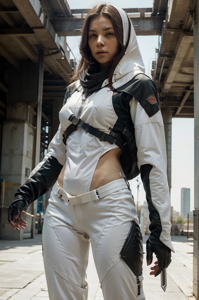 Female Assassin Futuristic Cloth design, detailed fabrics, Whole Body, on white background (natural skin texture, hyperrealism, soft light, sharp)