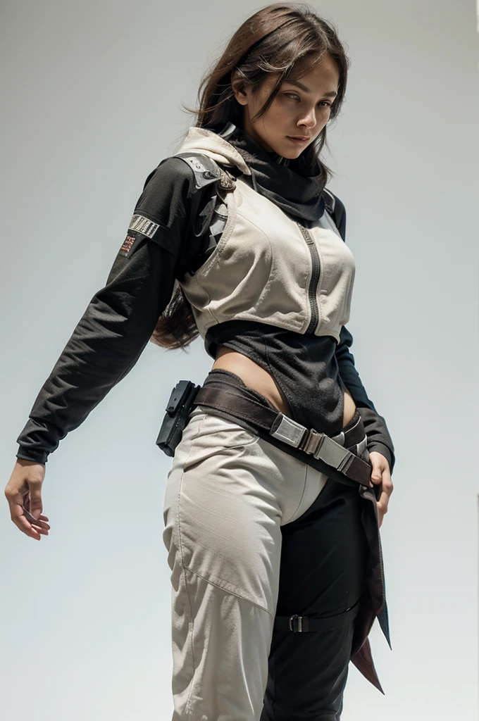 Female Assassin Futuristic Cloth design, detailed fabrics, Whole Body, on white background (natural skin texture, hyperrealism, soft light, sharp)