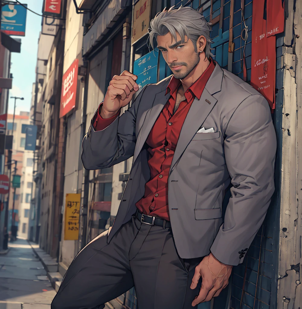 Ruggedly handsome older man, DILF, wearing a tight grey suit. Dominant, Confident, gentleman, solo shot