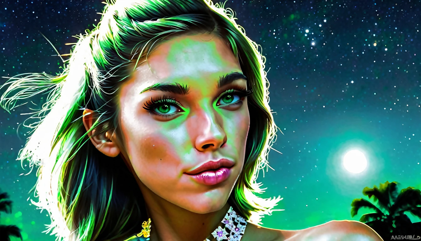 Masterpiece, Superb Girl, Pretty girl, medium bust, green eyes, Perfect eyes, portrait, High detail face, same eyes, Glare, global illumination, Luz outfit, dream light, digital paint, 8k Close-up, Fancy, night sky, stars, Nebula, white crystal, Moonlight, serenity, summer, (8k:1.1) kinematics